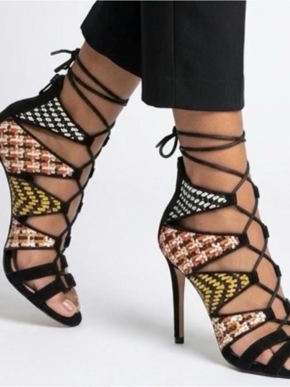 Zara Black Multicolor Tweed Lace-Up Stiletto Sandals EU 38 US 7.5 8 Sexy Boho